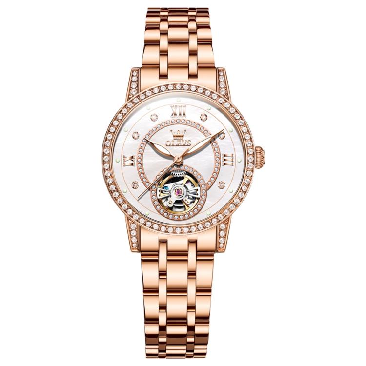 OLEVS 7036 Women Starry Sky Disk Luminous Skeleton Mechanical Watch(Rose Gold White)