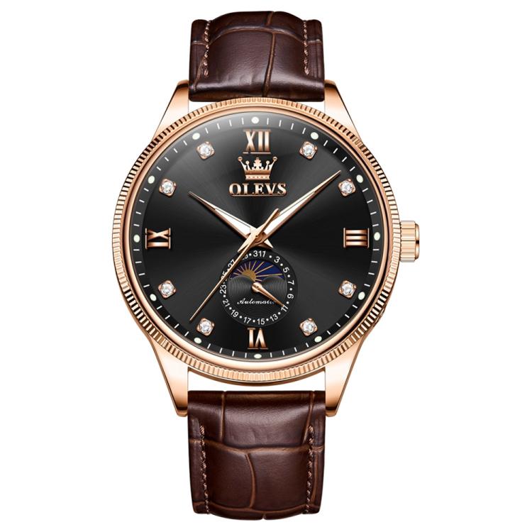 OLEVS 7039 Men Sun Moon Star Luminous Waterproof Mechanical Watch(Rose Gold + Black)
