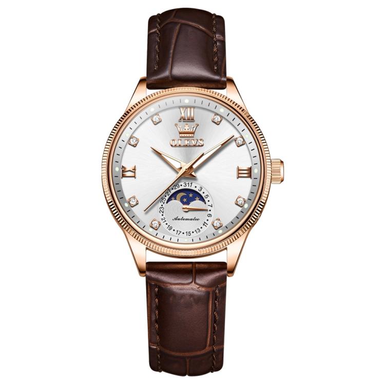 OLEVS 7039 Women Sun Moon Star Luminous Waterproof Mechanical Watch(Rose Gold White)