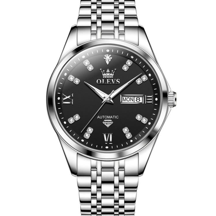 OLEVS 9801 Men Diamond Waterproof Dual Calendar Mechanical Watch(Black)