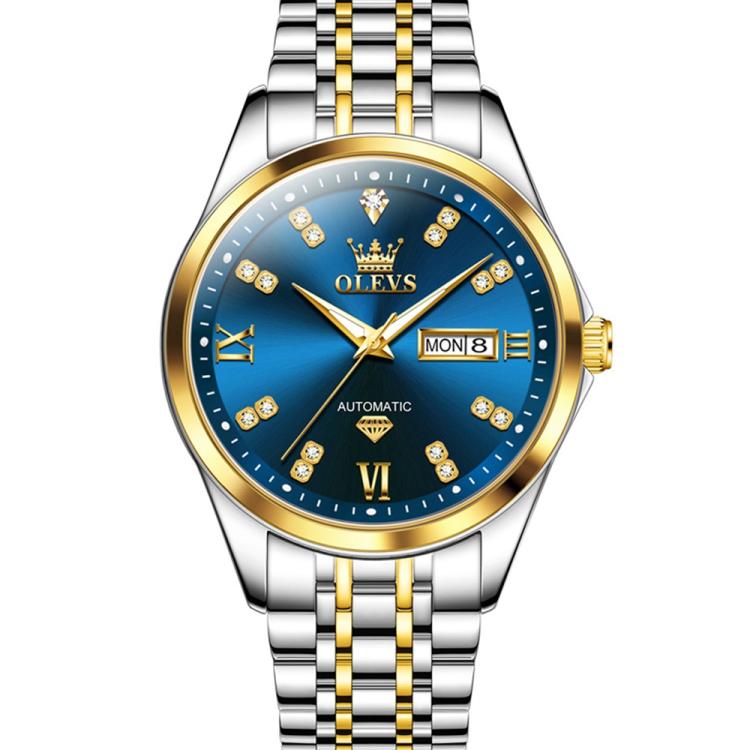 OLEVS 9801 Men Diamond Waterproof Dual Calendar Mechanical Watch(Blue Gold)