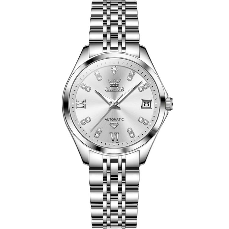 OLEVS 9801 Women Diamond Waterproof Single Calendar Mechanical Watch(White)