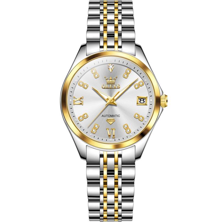 OLEVS 9801 Women Diamond Waterproof Single Calendar Mechanical Watch(White Gold)