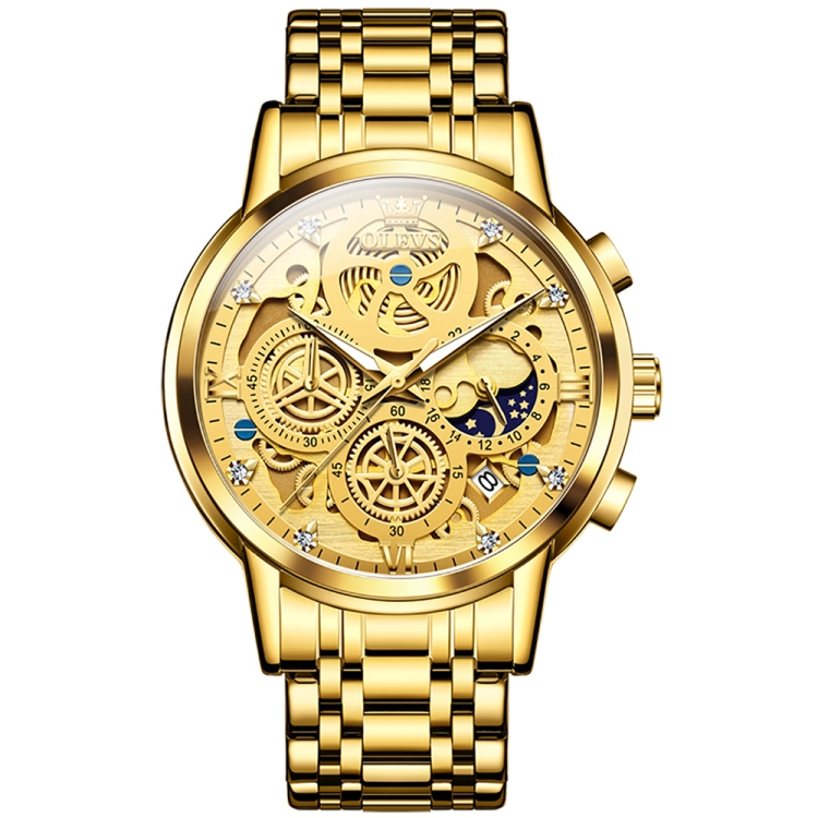 OLEVS 9947 Men Multifunctional Hollow Waterproof Quartz Watch(Gold)