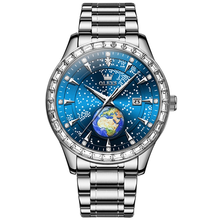 OLEVS 9967 Men Starry Sky Face Diamond Bezel Quartz Watch(Blue Steel Strap)