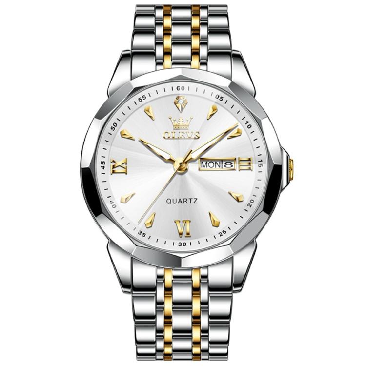 OLEVS 9998 Men Diamond Face Dual Calendar Waterproof Quartz Watch(White + Gold)