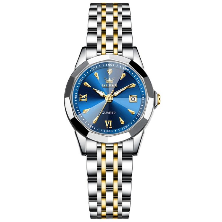OLEVS 9998 Women Diamond Face Dual Calendar Waterproof Quartz Watch(Blue + Gold)
