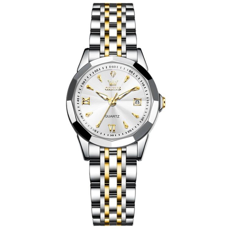 OLEVS 9998 Women Diamond Face Dual Calendar Waterproof Quartz Watch(White + Gold)