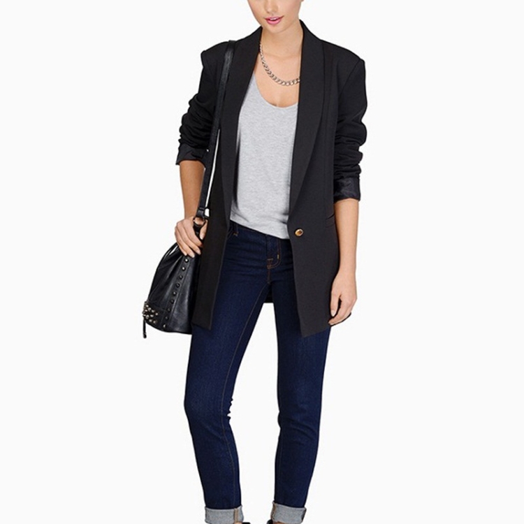 One Buckle Long-sleeved Suit (Color:Black Size:XXL)
