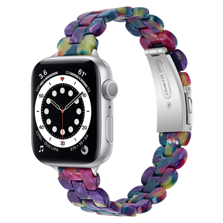 Oval Resin Watch Band For Apple Watch Ultra 49mm&Watch Ultra 2 49mm / Series 9&8&7 45mm / SE 3&SE 2&6&SE&5&4 44mm / 3&2&1 42mm(Purple Green Flower)