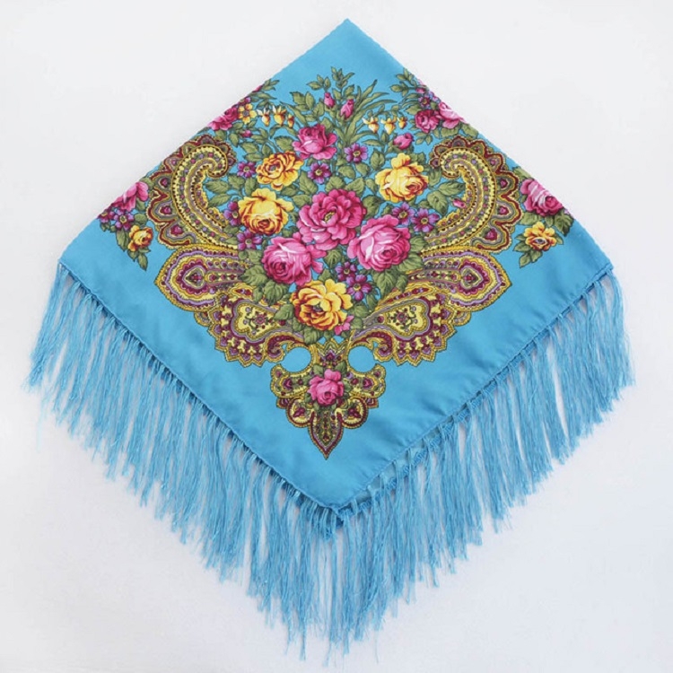 Peacock Blue Ethnic Style Retro Tassel Square Scarf Flower Pattern Headscarf Scarf, Size:90 x 90cm