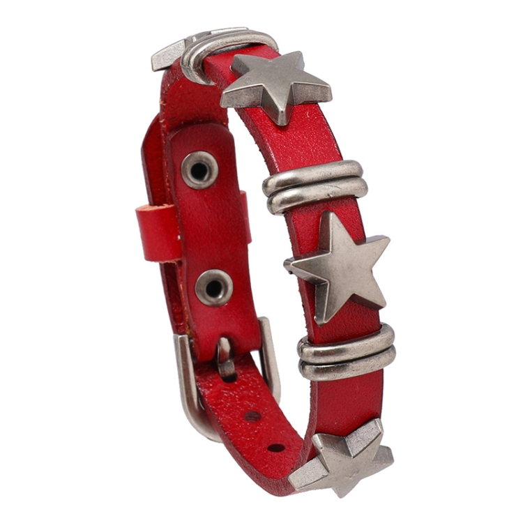 Personalized Street Punk Style Bracelet Pentagram Vintage Cowhide Bracelet(Dark Red)