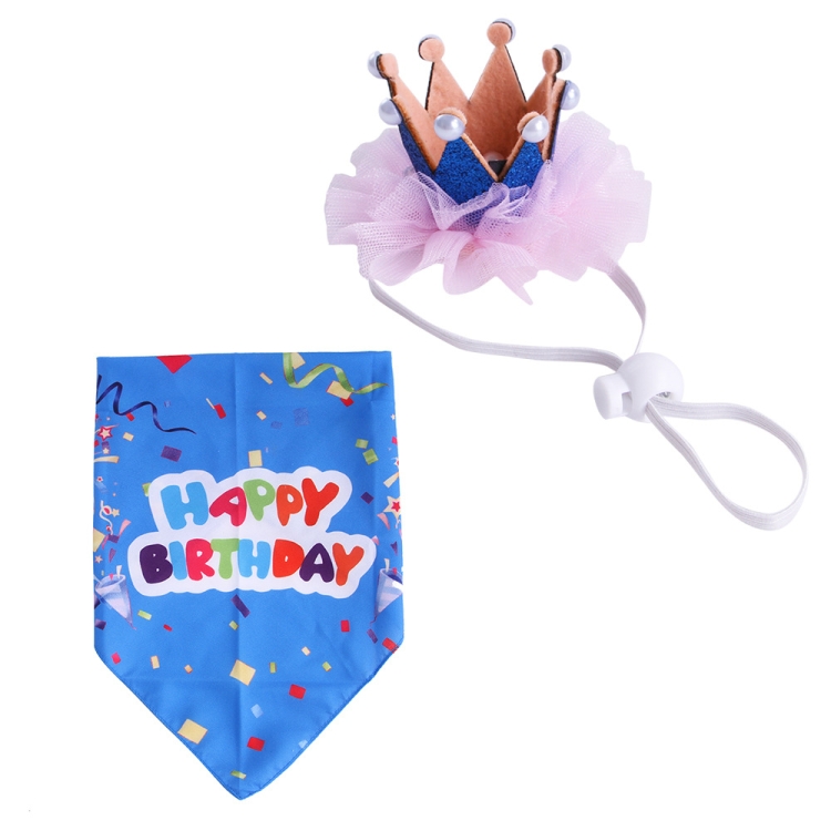 Pet Birthday Suit Pearl Crown Hat Triangle Scarf Combination Birthday Dress Up Pet Supplies(Color Tape Blue)
