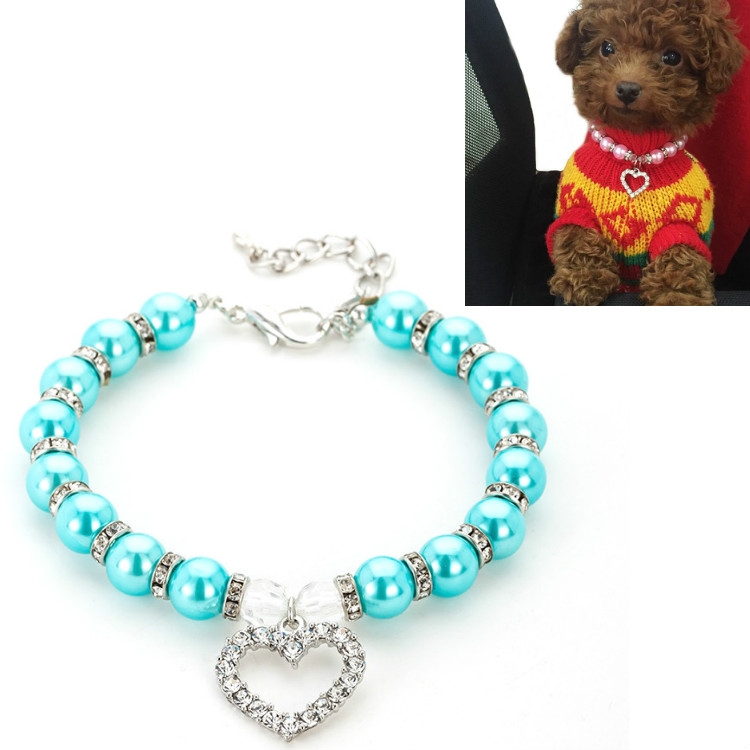 Pet Supplies Pearl Necklace Pet Collars Cat and Dog Accessories, Size:M(Lake Blue)