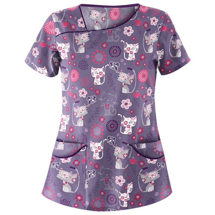 Printed Round Neck Slim-fit Nurse Uniform T-shirt (Color:Grey Size:XXXL)