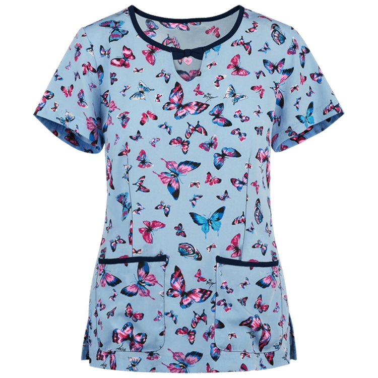 Printed Round Neck Slim-fit Nurse Uniform T-shirt (Color:Light Blue Size:S)