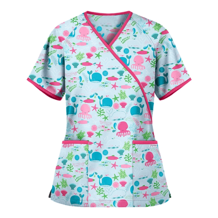 Printed V-neck Mid-length Nurse Uniform T-shirt (Color:Beige Size:M)