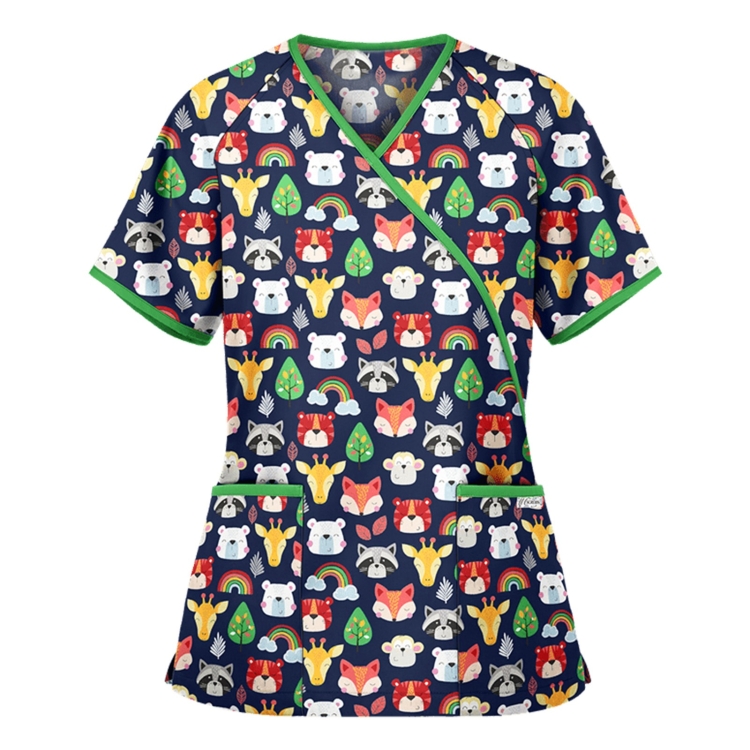 Printed V-neck Mid-length Nurse Uniform T-shirt (Color:Green Size:XXL)