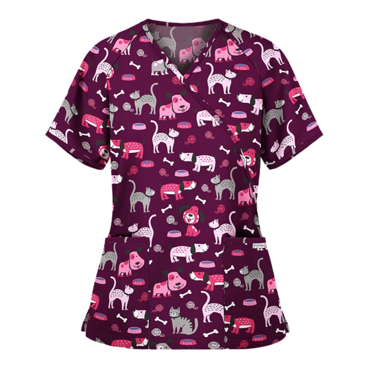 Printed V-neck Mid-length Nurse Uniform T-shirt (Color:Purple Size:L)