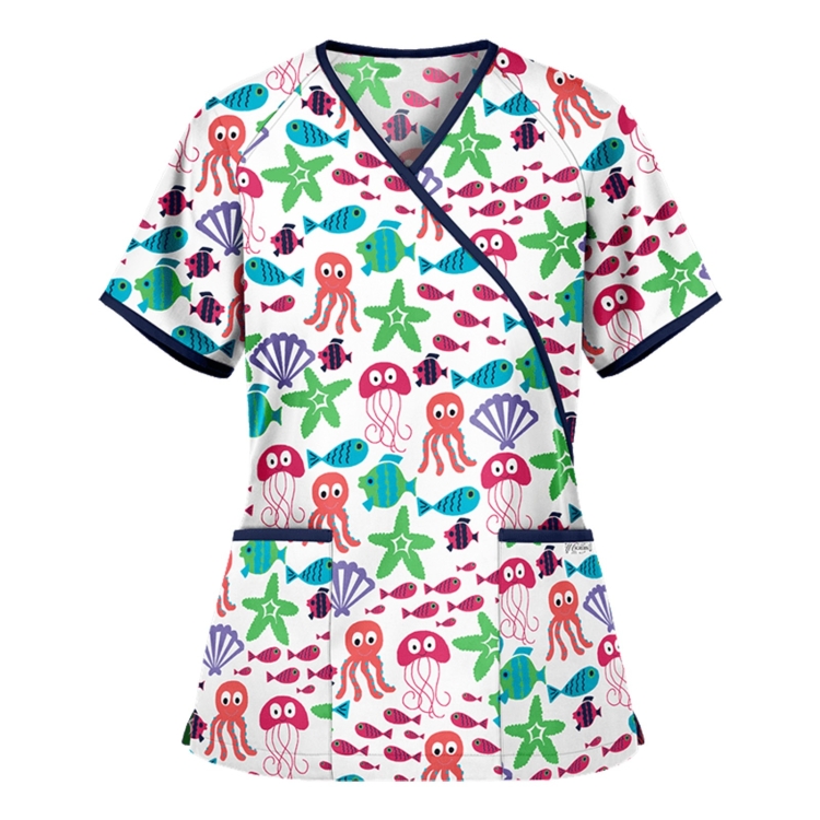 Printed V-neck Mid-length Nurse Uniform T-shirt (Color:White Size:S)