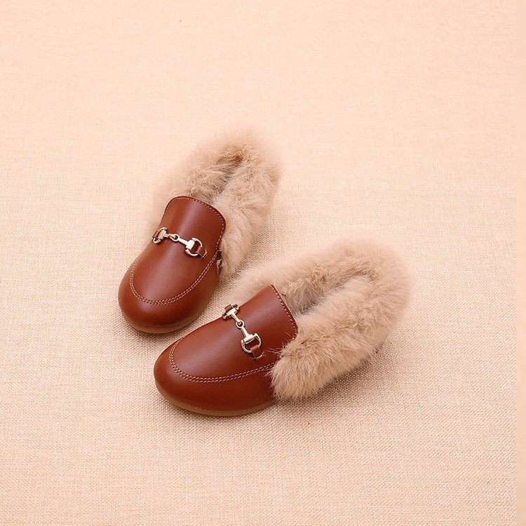 PU Leather And Cashmere Warm Single Shoes Casual Shoes for Girls, Size: 34 Yards 19.9cm(Yellow)