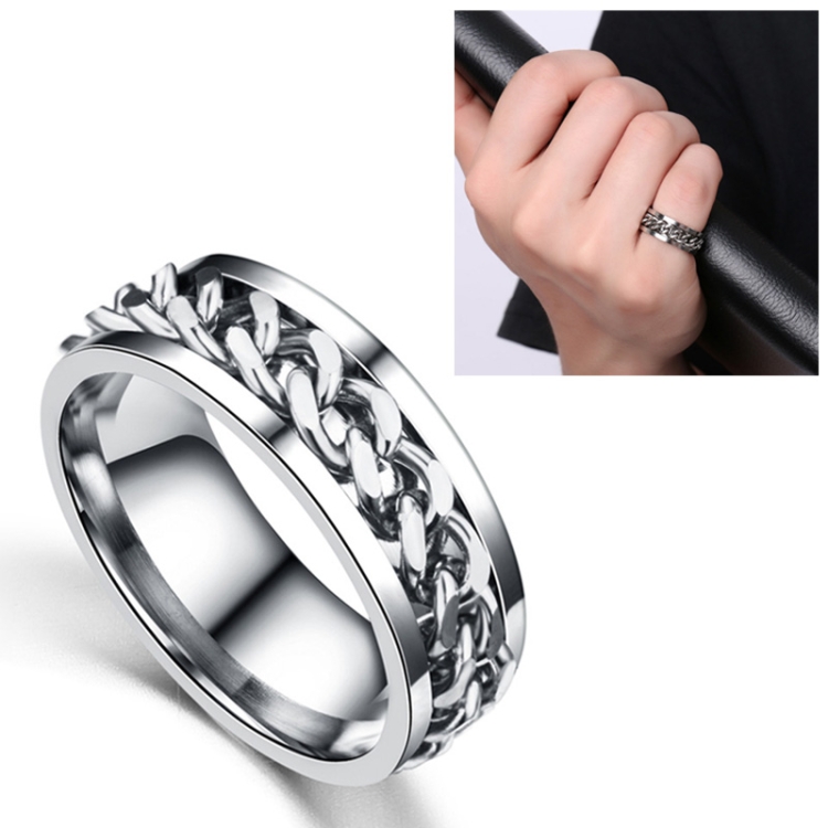 Punk Rock Stainless Steel Rotatable Chain Rings, Ring Size:10(Silver)