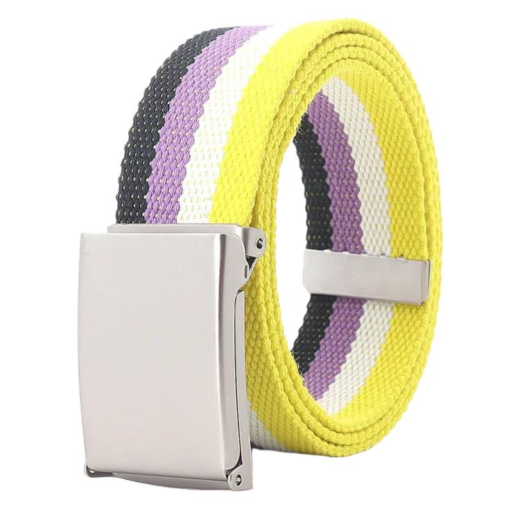 Rainbow Canvas Web Belt Striped Casual Flip-Top Buckle Belt With Bottle Opener, Length: 120cm(Four Color Stripes Yellow)