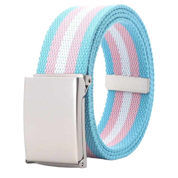 Rainbow Canvas Web Belt Striped Casual Flip-Top Buckle Belt With Bottle Opener, Length: 120cm(White Pink Blue)