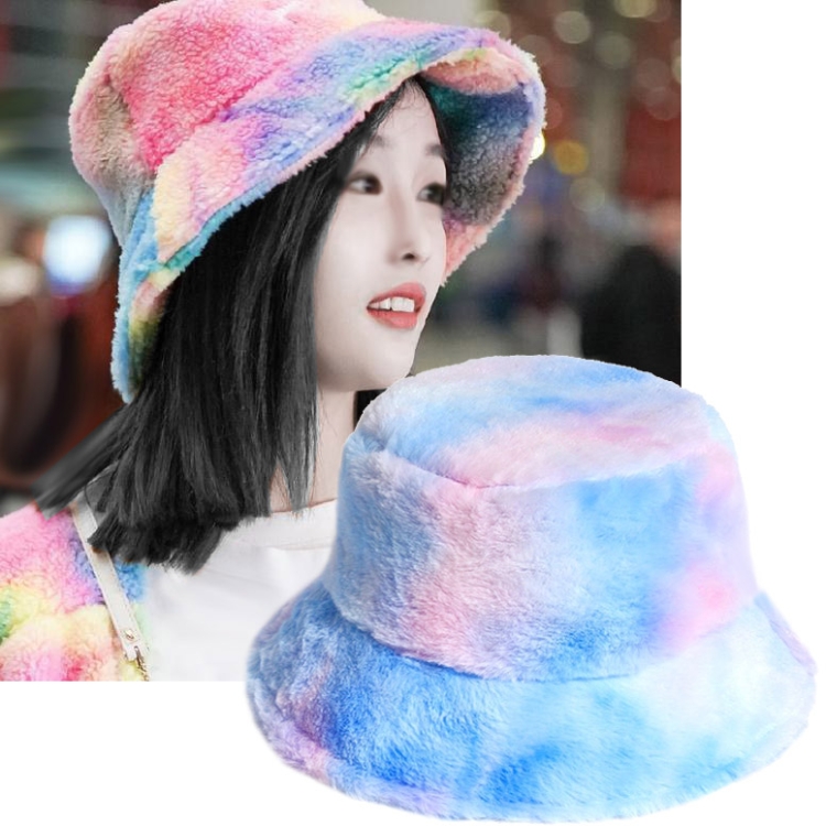 Rainbow Color Plush Fisherman Cap Winter All-Match Warm Basin Hat, Size:58cm(Blue Pink)