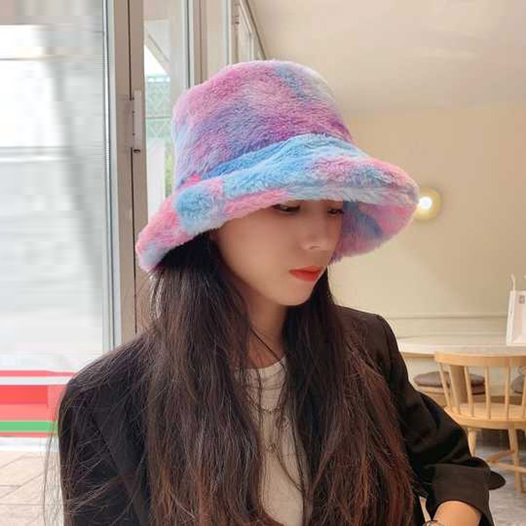 Rainbow Color Plush Fisherman Cap Winter All-Match Warm Basin Hat, Size:58cm(Blue Purple)