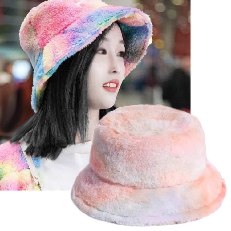 Rainbow Color Plush Fisherman Cap Winter All-Match Warm Basin Hat, Size:58cm(Orange Pink)