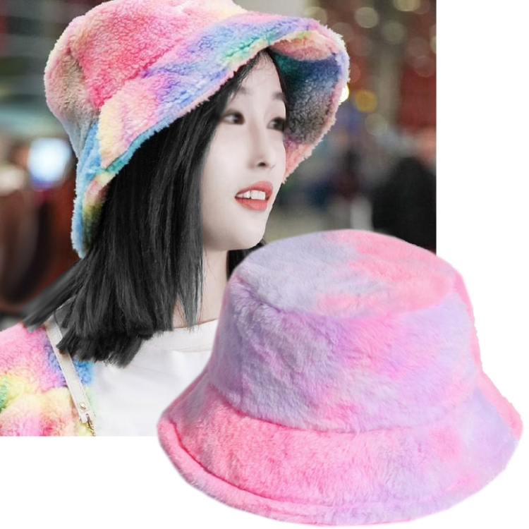 Rainbow Color Plush Fisherman Cap Winter All-Match Warm Basin Hat, Size:58cm(Pink Purple)