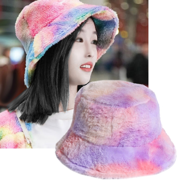 Rainbow Color Plush Fisherman Cap Winter All-Match Warm Basin Hat, Size:58cm(Purple Red Yellow)