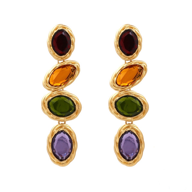 Retro Metal Color Geometry Glass Diamond Earrings Jewelry