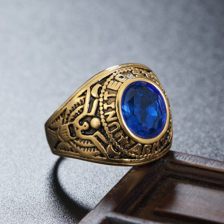 Retro Round Gemstone Carved Soldier Army Military Titanium Steel Ring for Men, US Size: 11, Diameter: 20.7mm, Perimeter: 65mm(Blue)