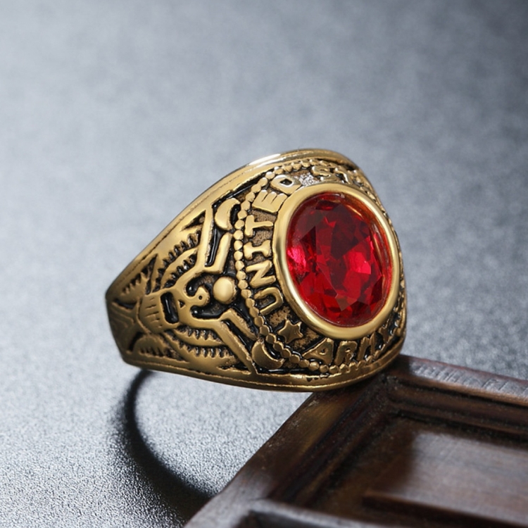 Retro Round Gemstone Carved Soldier Army Military Titanium Steel Ring for Men, US Size: 11, Diameter: 20.7mm, Perimeter: 65mm(Red)