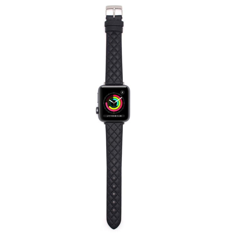 Rhombus Top Layer Cowhide Leather Watch Band For Apple Watch Ultra 49mm&Watch Ultra 2 49mm / Series 10 46mm / 9&8&7 45mm / SE 3&SE 2&6&SE&5&4 44mm / 3&2&1 42mm (Black)