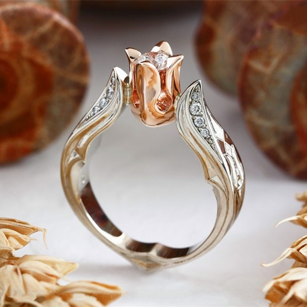 Rose Flower with Diamond Wedding Ring for Women, Ring size:5