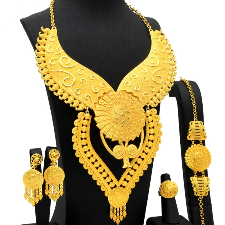 S-379 4 In 1 24K Gold Plated Bride Necklace Ear Ring Bracelet Suit Ladies Jewelry Set