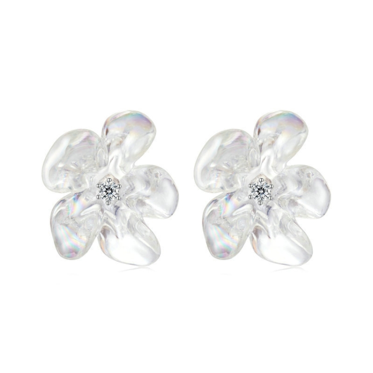 S925 Ssterling Silver Platinum-Plated Transparent Flower Earrings(SCE1804)