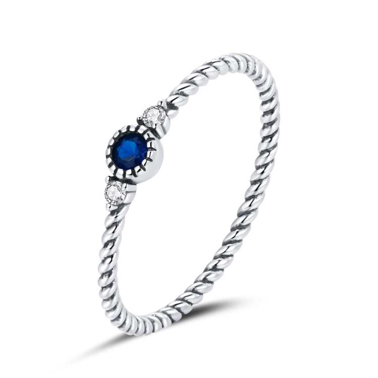 S925 Sterling Silver Dark Blue Zircon Platinum Plated Twist Texture Women Ring, Size:8