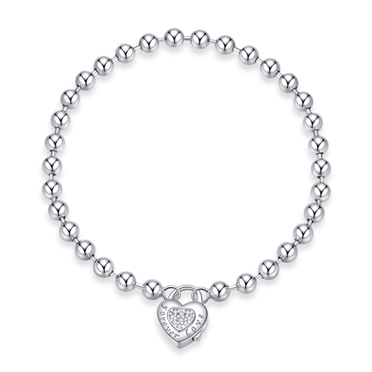 S925 Sterling Silver Heart-shaped Punk Beads Women Bracelet Jewelry, Size:17cm