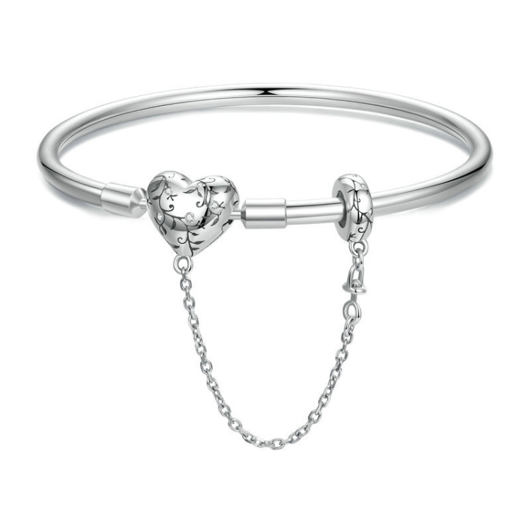 S925 Sterling Silver Oxidized Retro Heart Pattern Bracelet, Size: 17cm