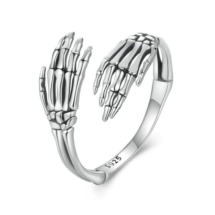 S925 Sterling Silver Oxidized Skeleton Hand Adjustable Open Ring(BSR608-E)