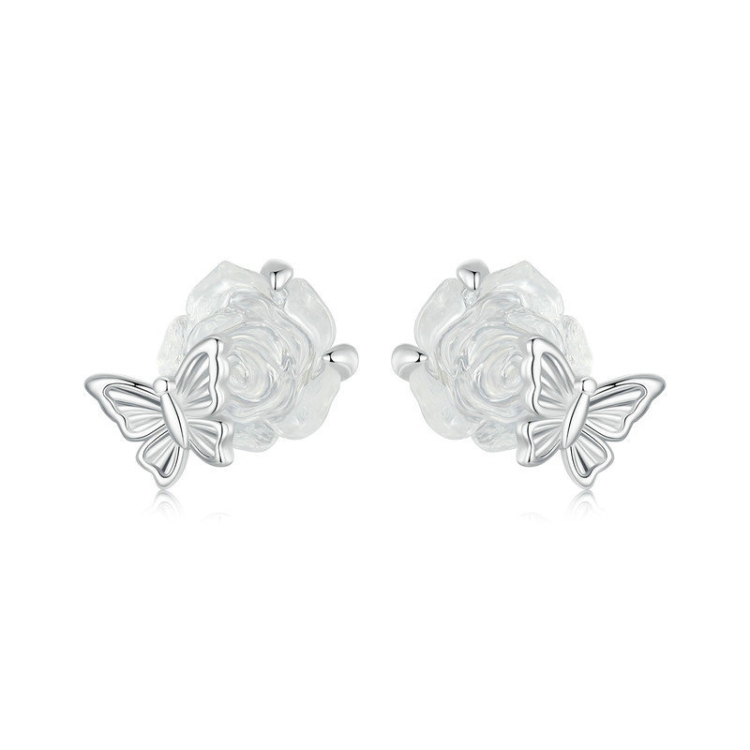 S925 Sterling Silver Platinum Plated Crystal Rose Butterfly Light Color Changing Earrings(BSE978)