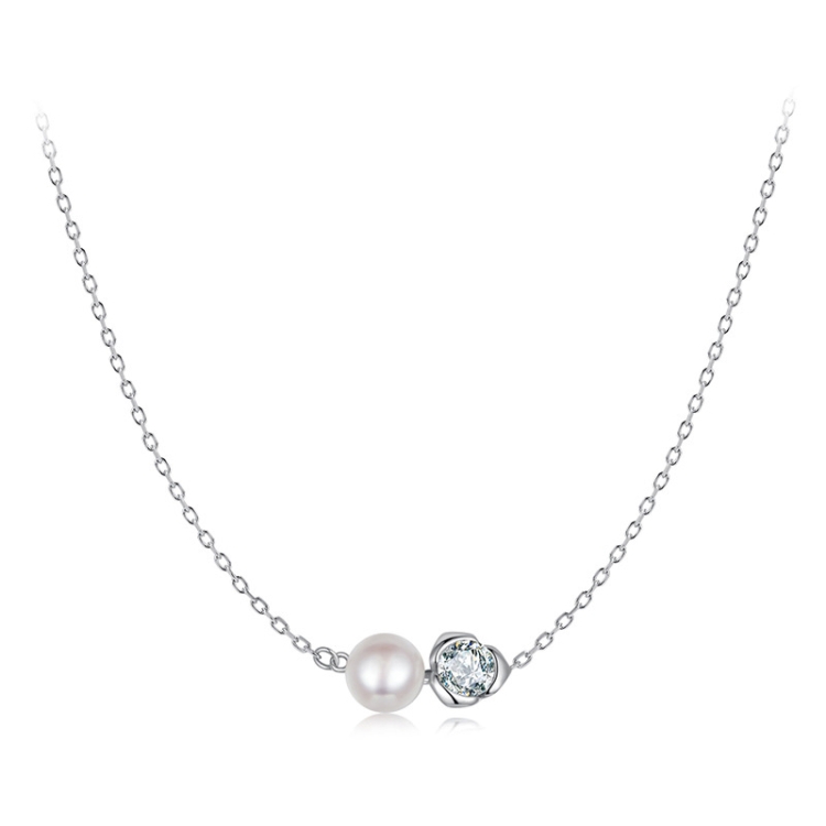 S925 Sterling Silver Platinum-plated Elegant Rose Moissanite Pearl Necklace(MSN040)