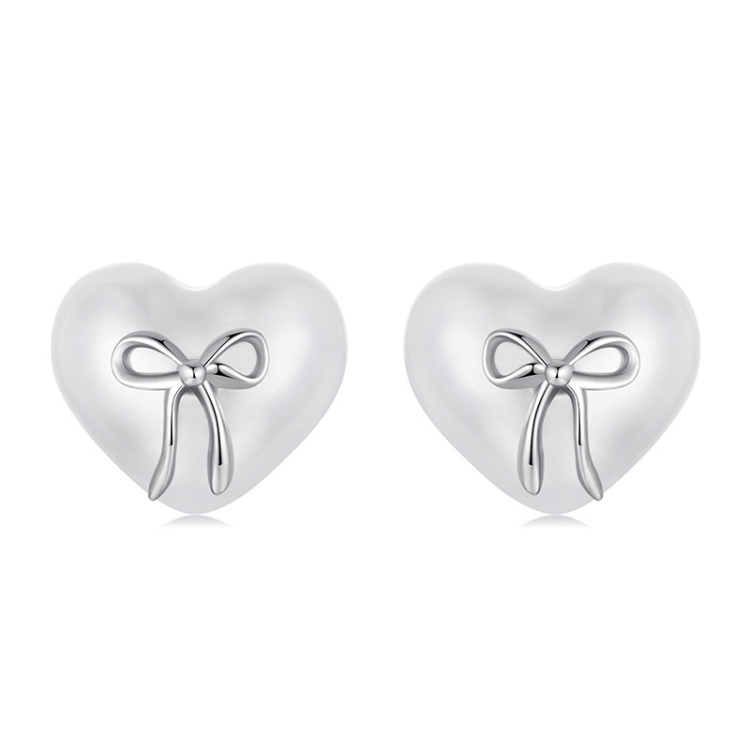S925 Sterling Silver Platinum-Plated Heart-shaped Earrings Bow Knot Earrings(SCE1810)