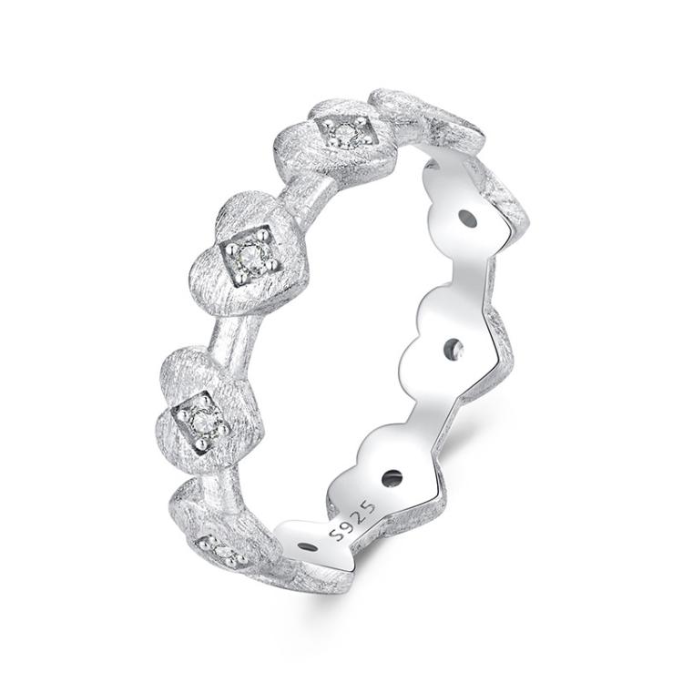S925 Sterling Silver Platinum-plated Heart-shaped Ring, Size: No.7