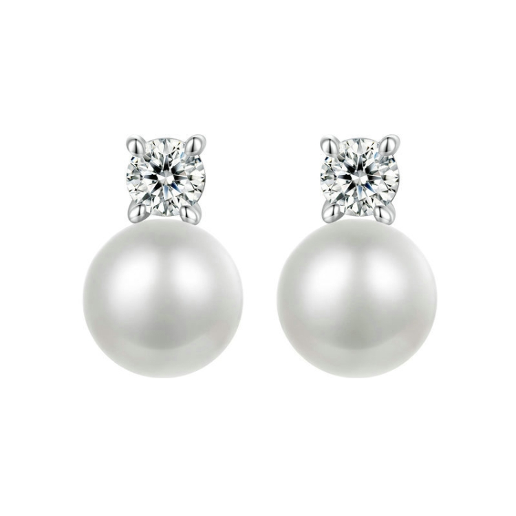 S925 Sterling Silver Platinum-plated Moissanite Pearl Earrings, Size: 0.1 Carat