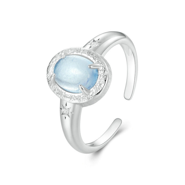S925 Sterling Silver Platinum-plated Natural Blue Sea Sapphire Open Ring(BSR579-E)